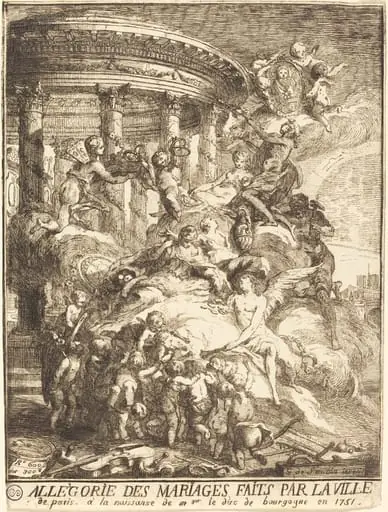 Allégorie des mariages faits par la ville de Paris à la naissance du duc de Bourgogne (Allegory of the Marriages Performed by the City of Paris in Honor of the Birth of the Duc de Bourgogne in 1751), by Gabriel de Saint-Aubin