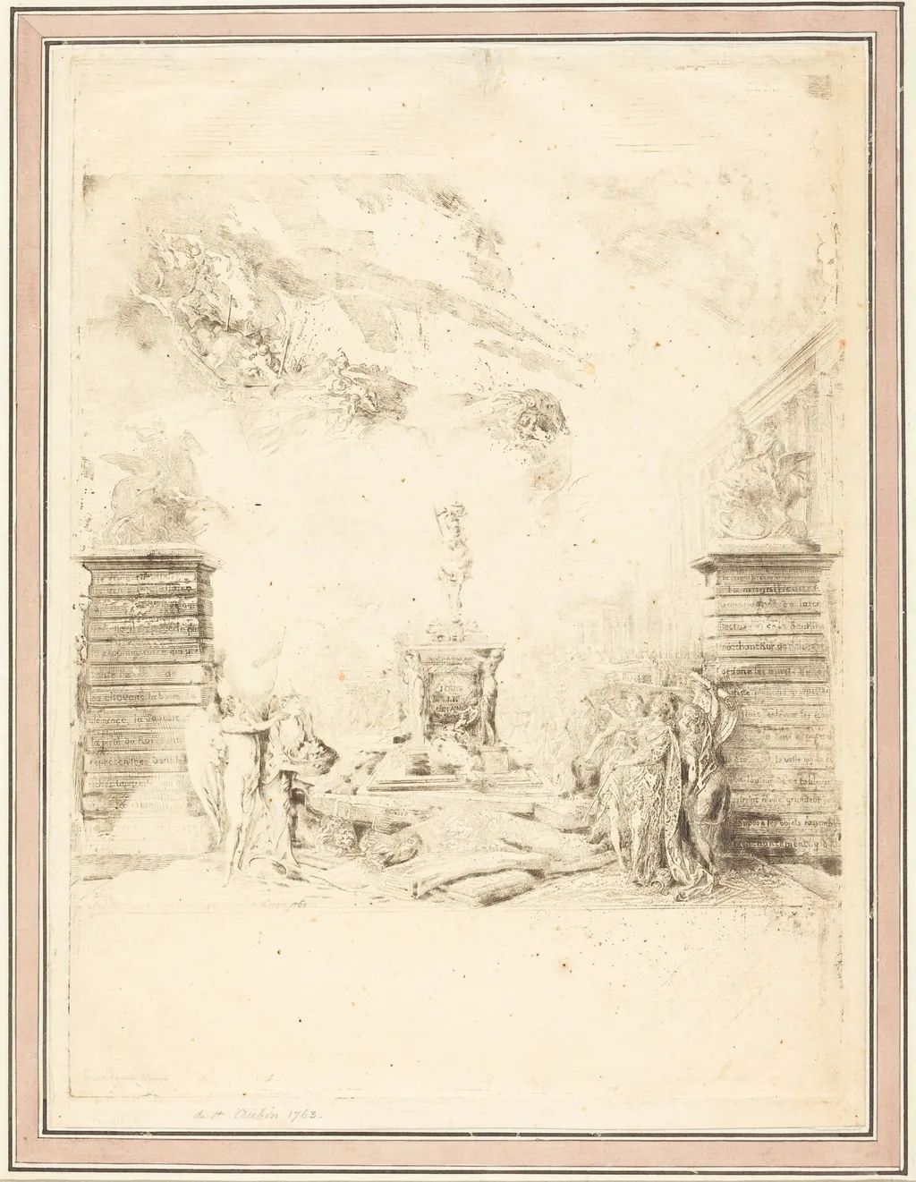 Allégorie sur l'Erection de la Statue de Louis XV (Allegory on the Establishment of a Statue of Louis XV), by Gabriel de Saint-Aubin, ink, 1763