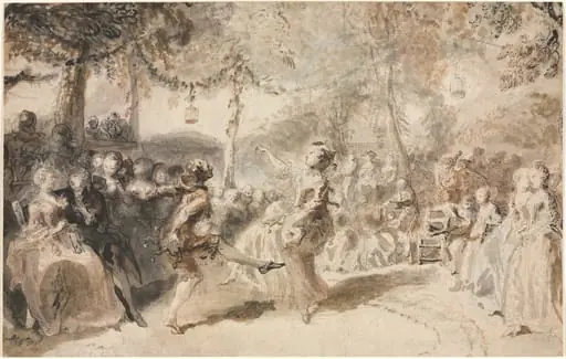 Costumed Dancers Performing in a Garden Tavern, by Gabriel de Saint-Aubin