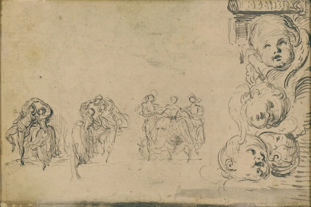 Sketches of Dancers and Heads of Putti, by Gabriel de Saint-Aubin, ink, 1748