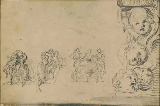 Sketches of Dancers and Heads of Putti, by Gabriel de Saint-Aubin