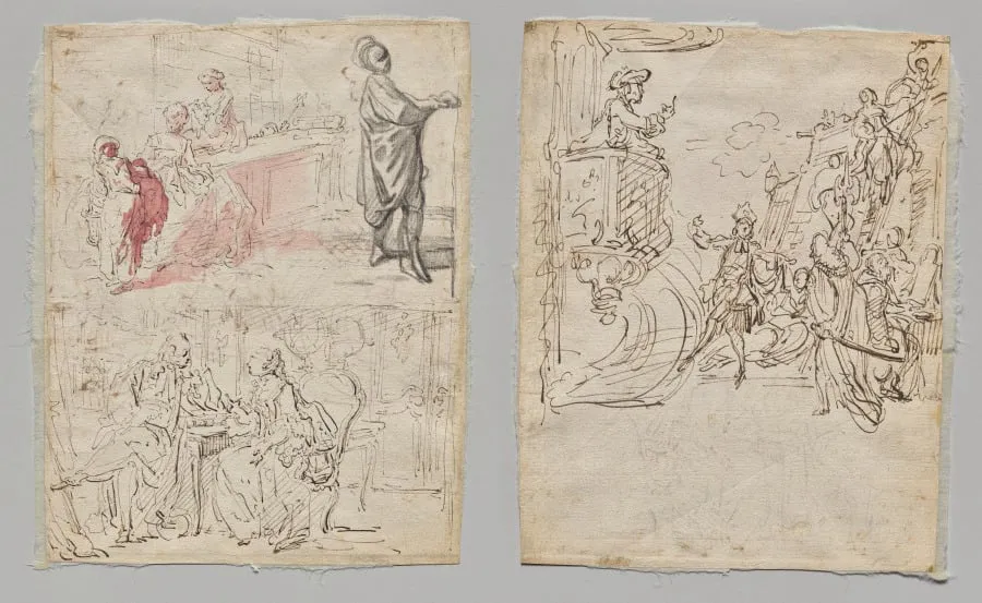 Theatre Scene (recto); Lingerie Boutique and Conversation (verso), by Gabriel de Saint-Aubin, 1770