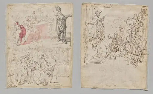 Theatre Scene (recto); Lingerie Boutique and Conversation (verso), by Gabriel de Saint-Aubin