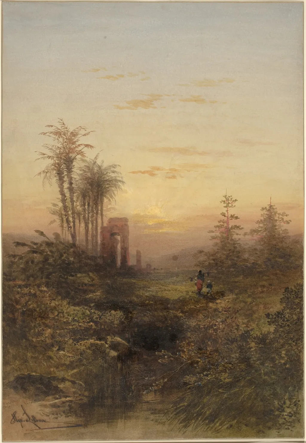Sunset in an Oriental Landscape, by Gabriel Hippolyte Lebas, gouache, 1850