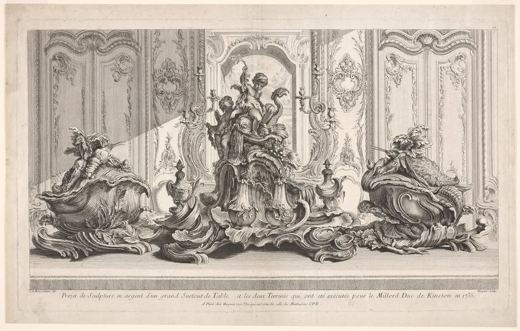 Silver Sculptural Project for a Large Centerpiece and Two Tureens Which Have Been Executed for His Lordship the Duke of Kingston, plate 115 from Works of Juste-Aurèle Meissonier (Oeuvre de Juste-Aurèle Meissonier), by Gabriel Huquier, 1736