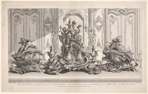Silver Sculptural Project for a Large Centerpiece and Two Tureens Which Have Been Executed for His Lordship the Duke of Kingston, plate 115 from Works of Juste-Aurèle Meissonier (Oeuvre de Juste-Aurèle Meissonier), by Gabriel Huquier