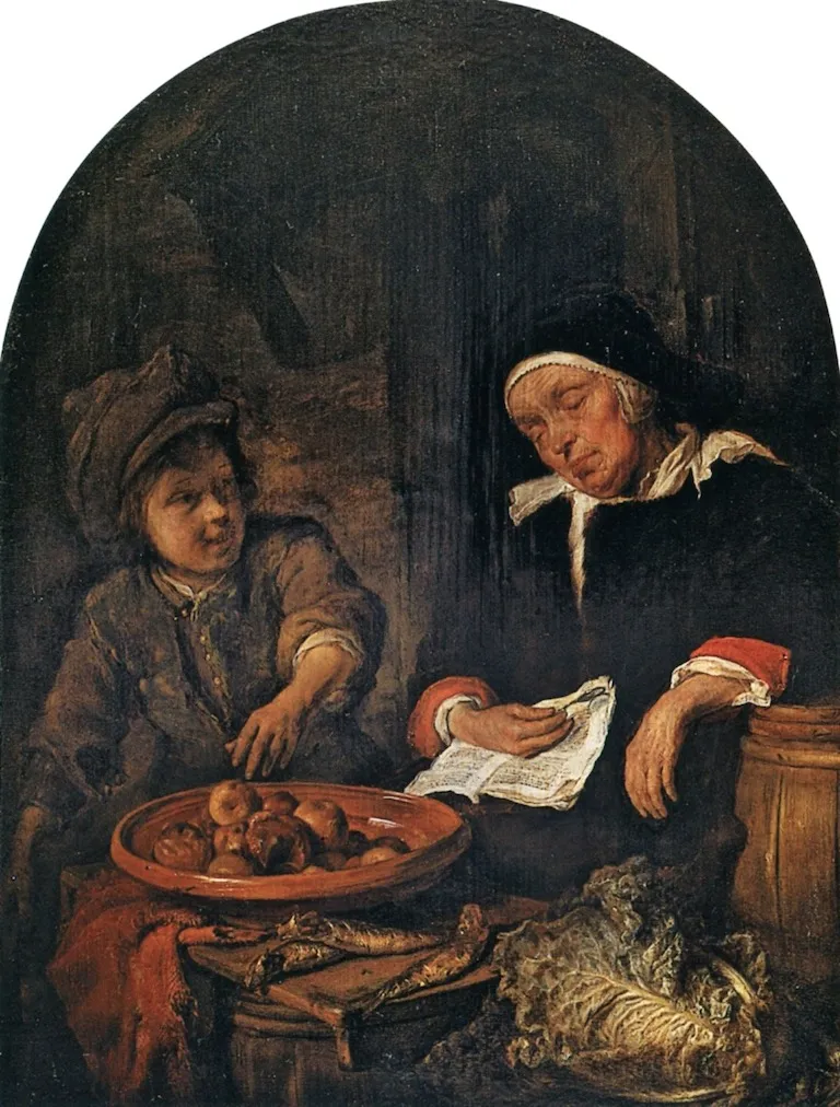Boy Stealing an Apple from a Sleeping Woman, by Gabriel Metsu, oil, 1662