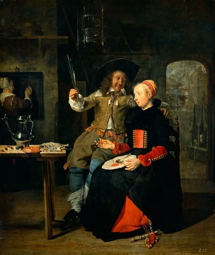 Self-portrait of the artist with his wife Isabella de Wolff in the inn, by Gabriel Metsu