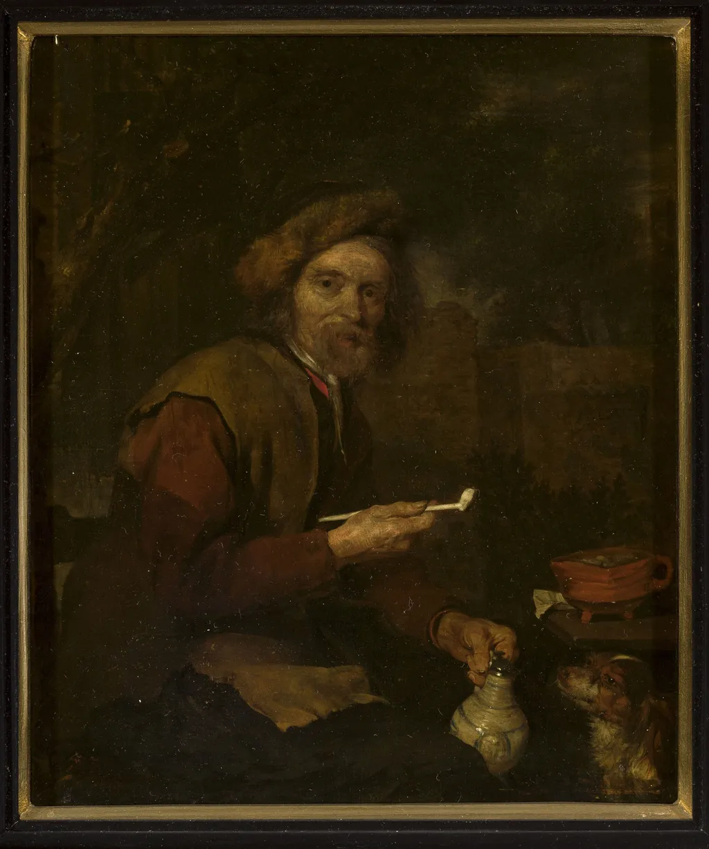 Smoker with a pipe and a pitcher in his hands, by Gabriel Metsu, oil, 1662