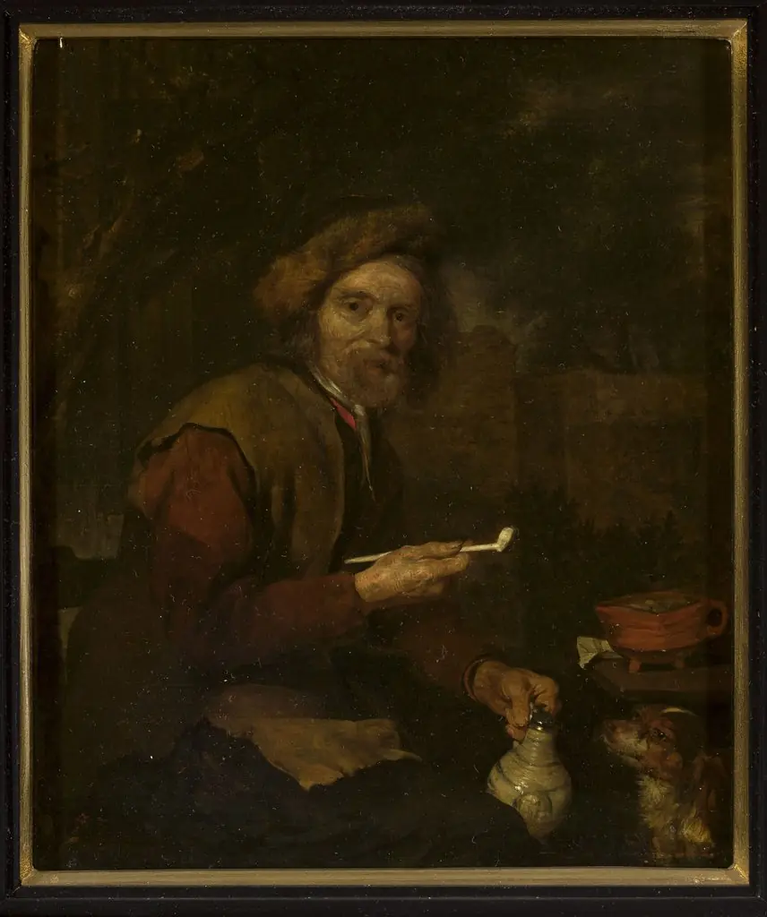 Smoker with a pipe and a pitcher in his hands, by Gabriel Metsu