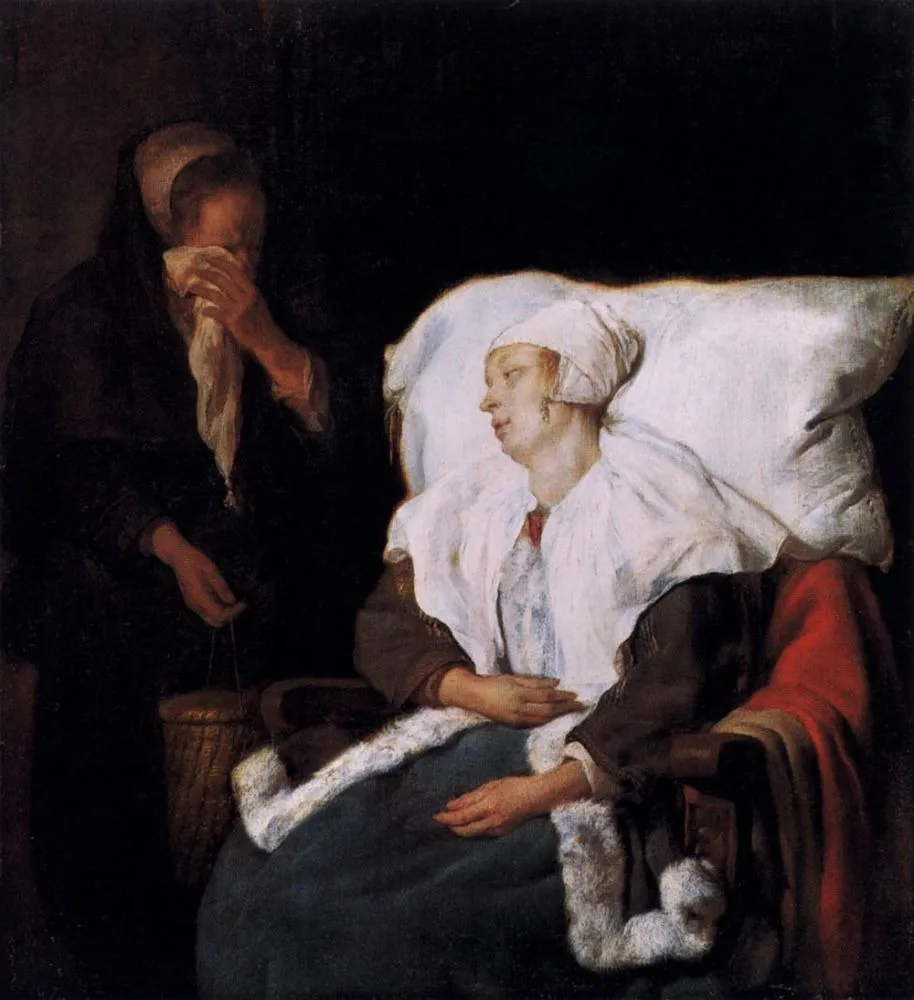 The Sick Lady and the Weeping Maidservant, by Gabriel Metsu, oil, 1658