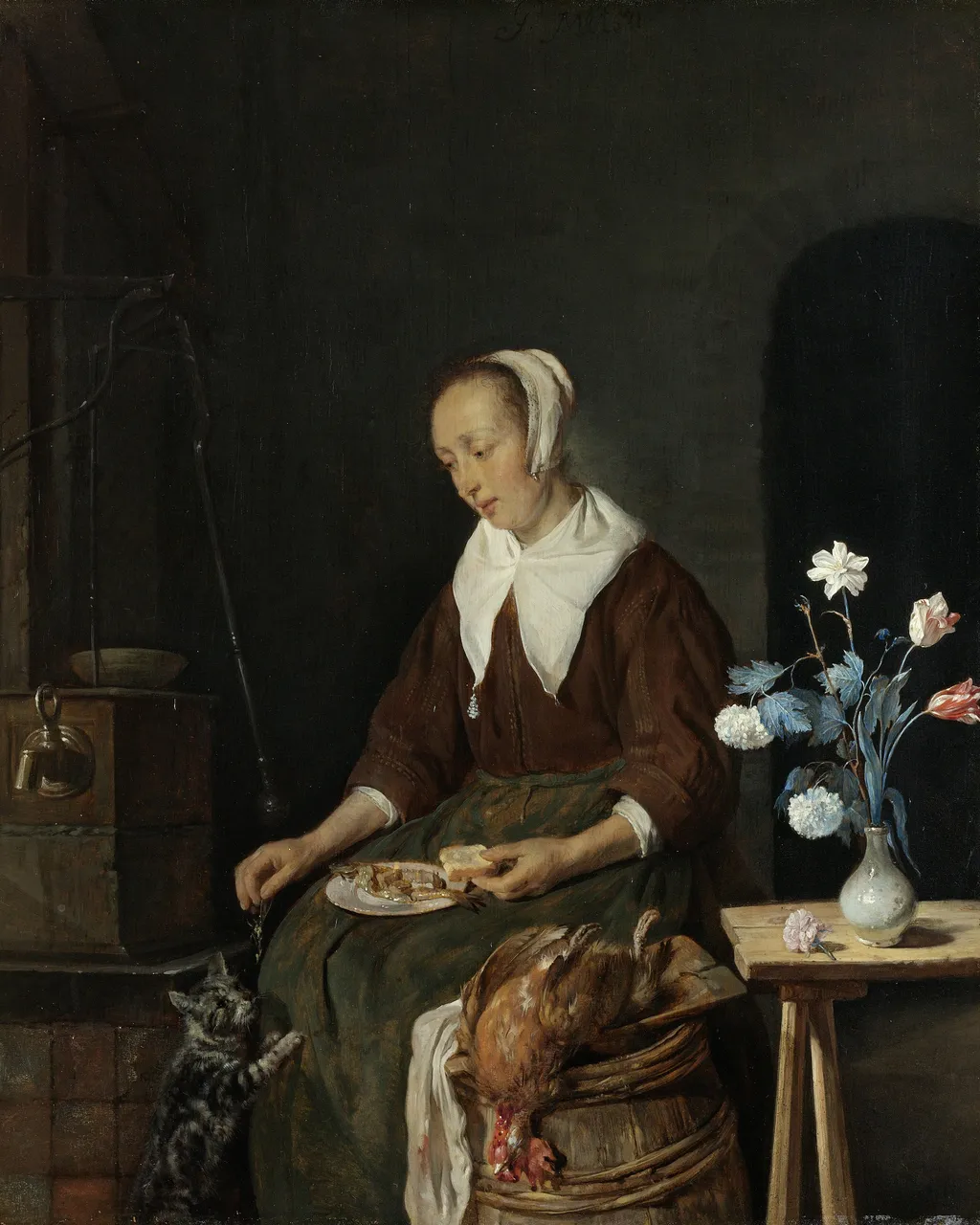 Woman Eating, Known as ‘The Cat’s Breakfast’, by Gabriel Metsu, oil, 1661