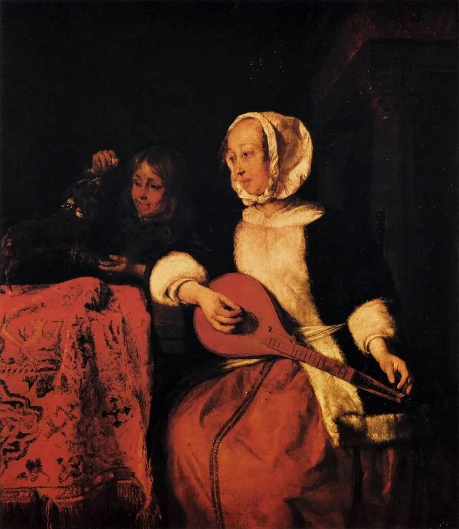 Woman Tuning a Mandolin, by Gabriel Metsu, oil, 1658