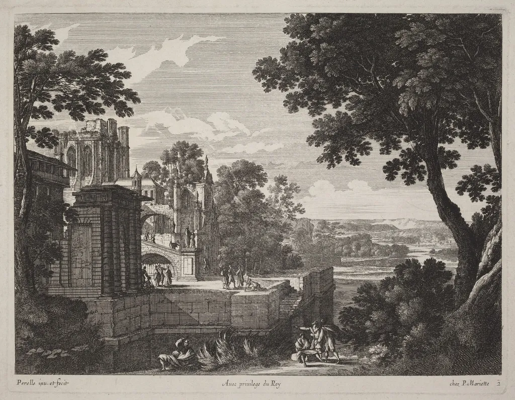 Large Landscape with a Ruined Abbey, by Gabriel Perelle, ink, 1640