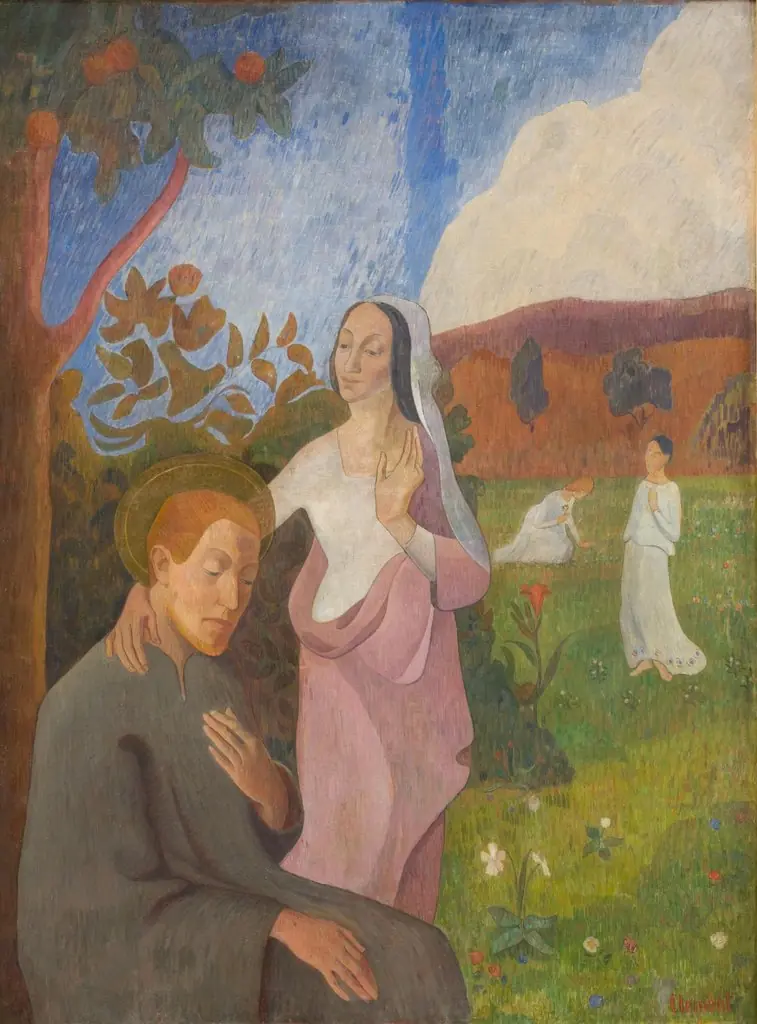 Decorative Picture. The Vision of Saint Francis with the Three White Virgins, by Gad Frederik Clement