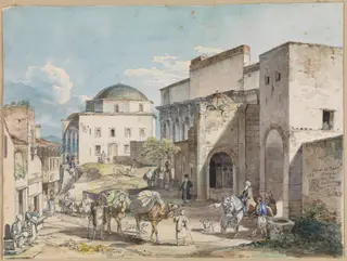 Gadeparti i Athen. Med Hadji Hazekis' palads og Tzistarakis Moskeen