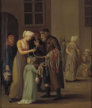 Gadescene i København ved år 1800. Piskebåndsjøden sælger en knipling til en ung pige
