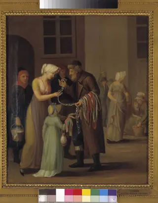 Gadescene i København ved år 1800. Piskebåndsjøden sælger en knipling til en ung pige