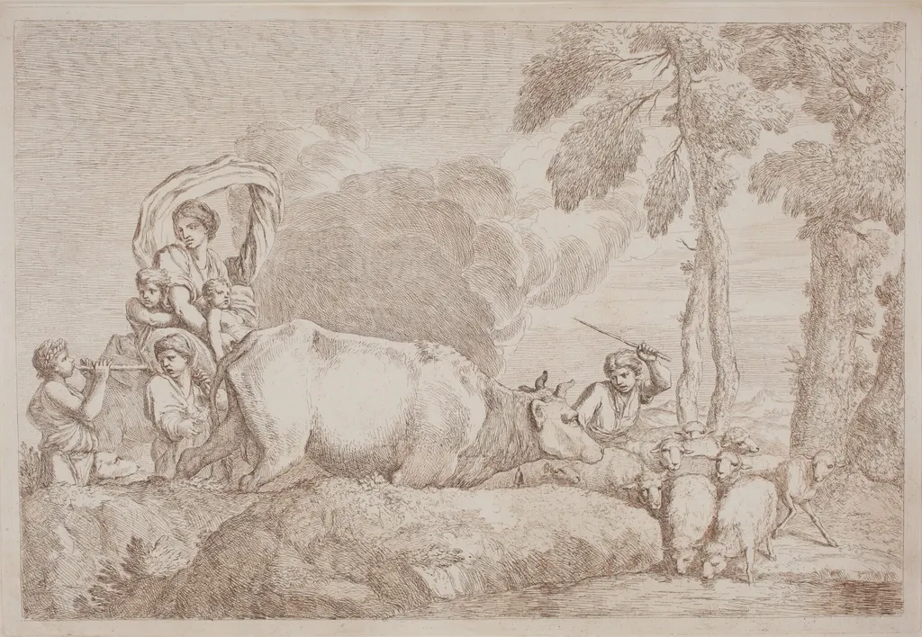 A Woman with Two Children on Horseback, by Gaetano Zompini, ink, 1758
