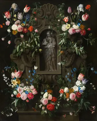 Garland of Flowers surrounding a Sculpture of the Virgin Mary, by Daniel Seghers