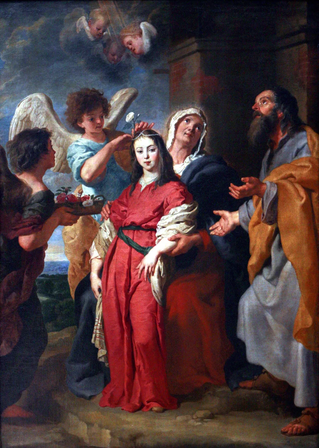 Adolescent Virgin decorated by Angels in the presence of Joachim and Saint Anne, by Gaspar de Crayer, oil, 1634