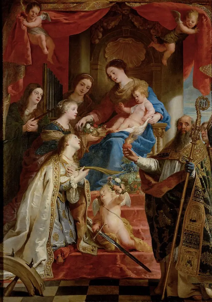 Virgin with child and saints Maria Magdalen, Cecilia, Dorothea, Catharina and Augustine