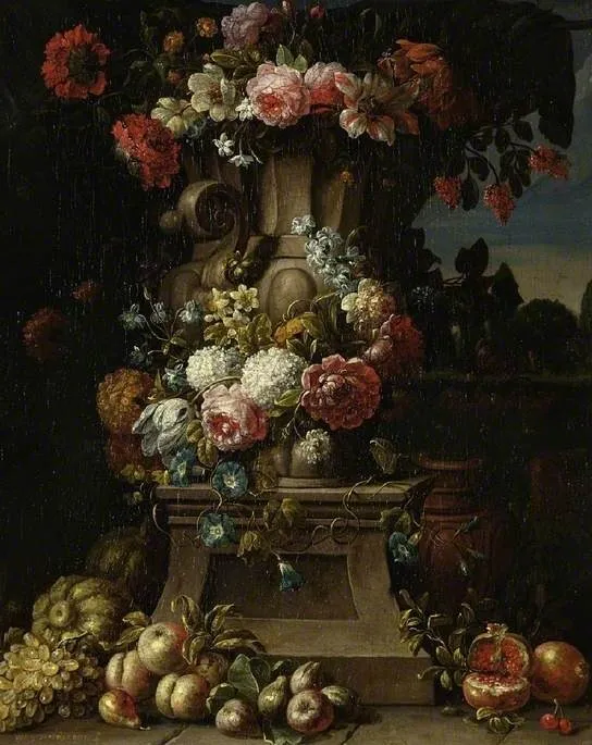 A vase of flowers with fruit in a landscape, by Gaspar Peeter Verbruggen the Younger, oil, 1707