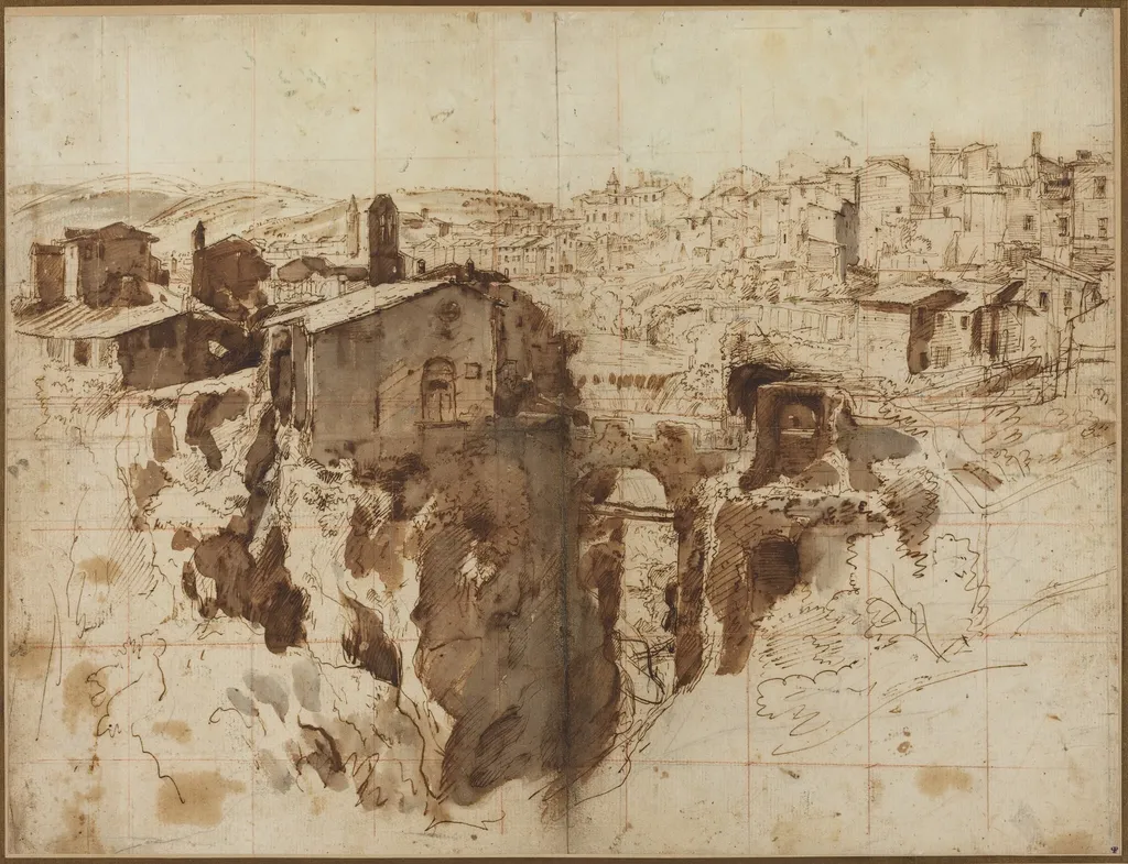 The Waterfall and Town of Tivoli, by Gaspar van Wittel, ink, 1694