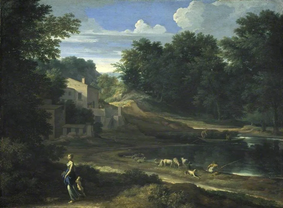 Classical Landscape with a Lake, by Gaspard Dughet, oil, 1658