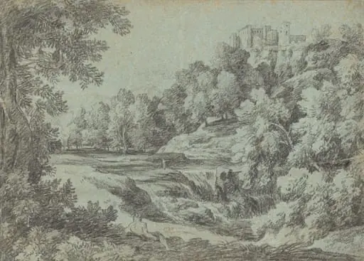 Italian Landscape with Fortifications and a Waterfall, by Gaspard Dughet