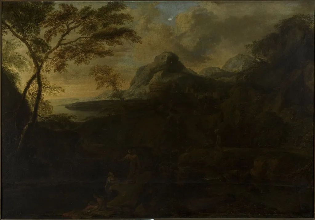 Landscape with figures at the lakeside, by Gaspard Dughet, oil, 1654