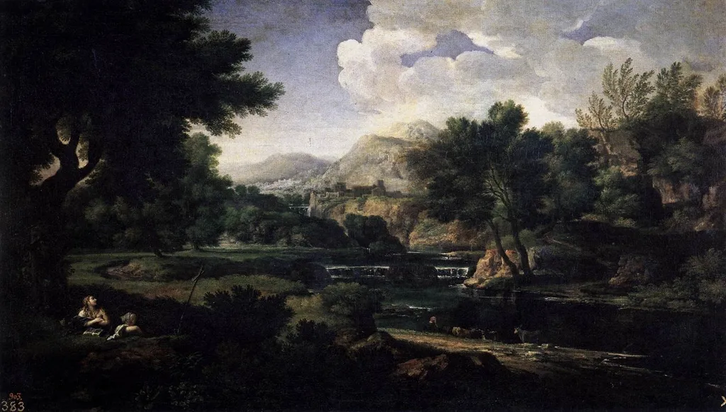Landscape with Magdalen Worshipping the Cross, by Gaspard Dughet, oil, 1660