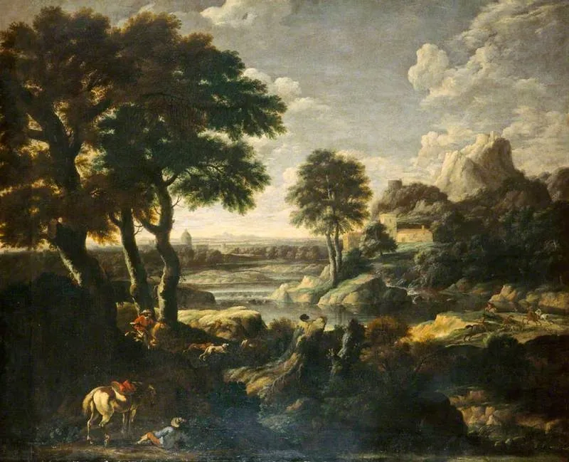 River Landscape with a Hunt, by Gaspard Dughet, oil, 1645