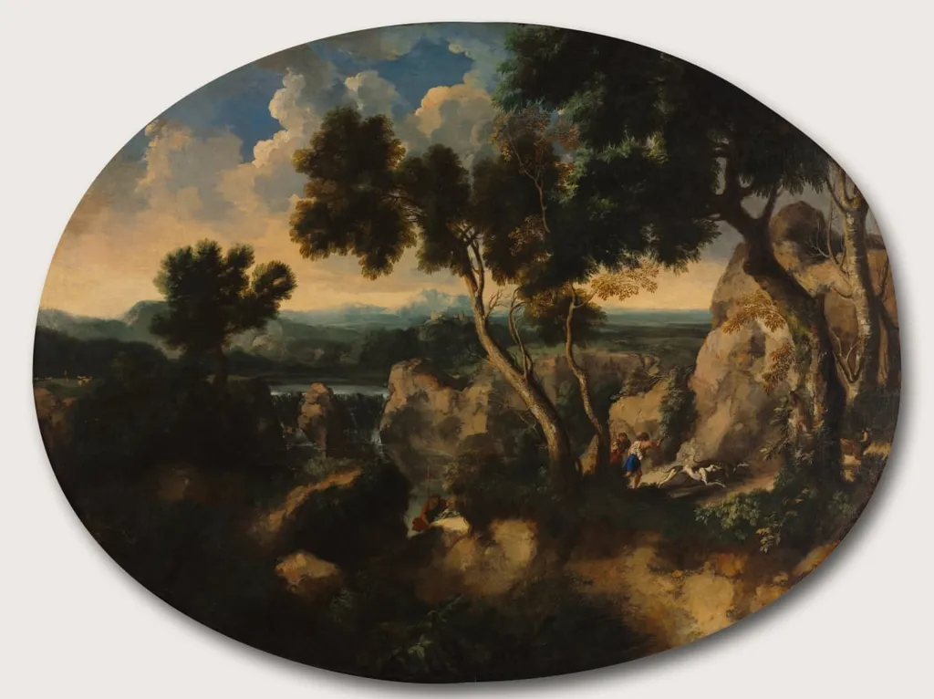 Rocky Landscape with Hunters, by Gaspard Dughet, unspecified, 1635