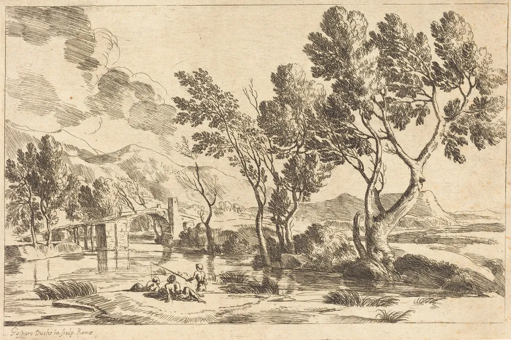 Roman Landscape, by Gaspard Dughet, ink, 1645