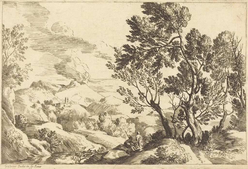 Roman Landscape, by Gaspard Dughet, ink, 1645