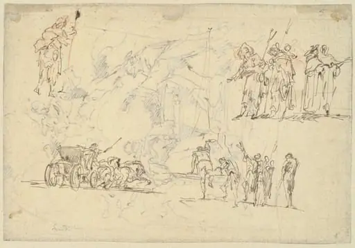 Figure Studies and a Horse-Drawn Carriage (recto), by Gaspare Diziani