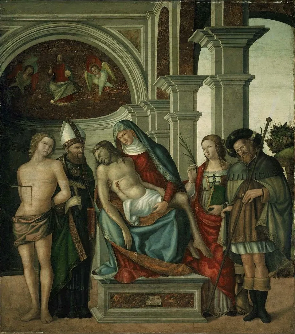 Virgin Holding the Dead Christ, with Saints Sebastian, Blaise, Margaret and James the Great, by Gaspare Negro, oil, 1513