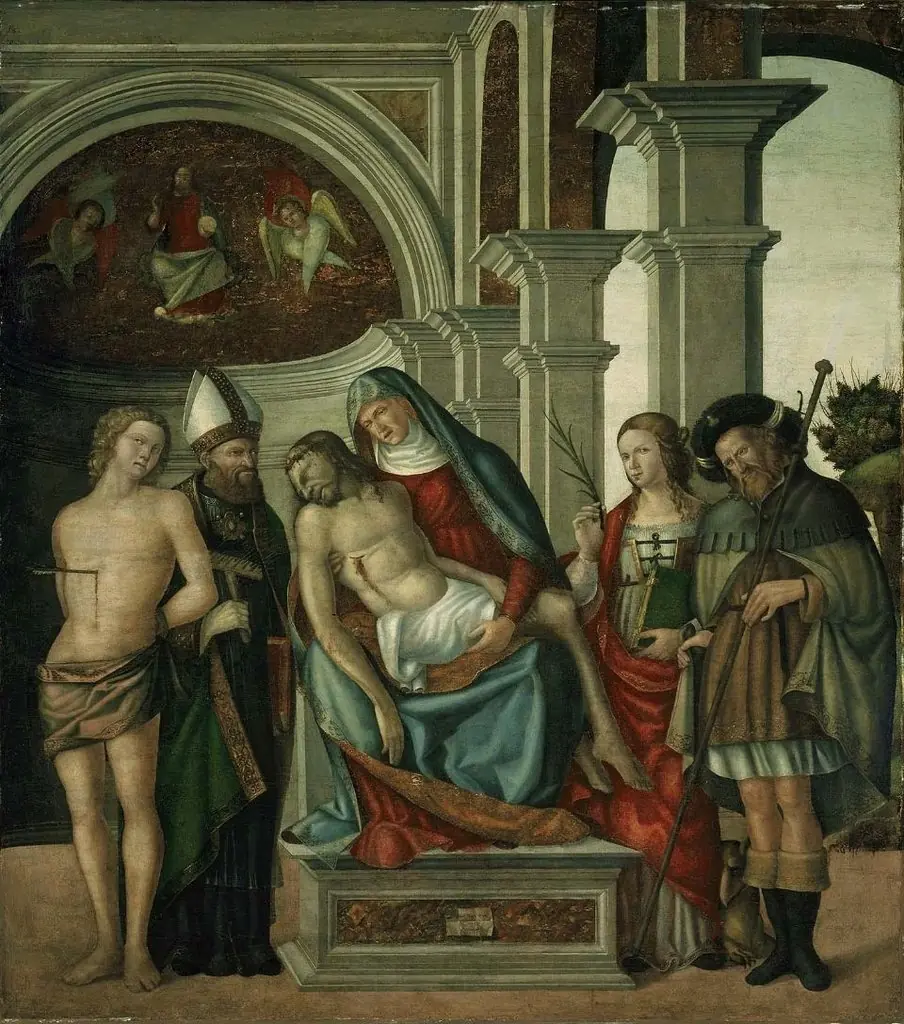 Virgin Holding the Dead Christ, with Saints Sebastian, Blaise, Margaret and James the Great, by Gaspare Negro