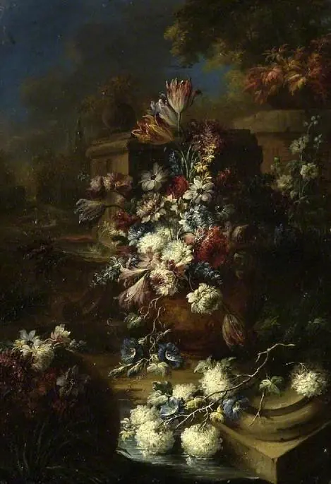 Flowers in a landscape, by Gasparo Lopez