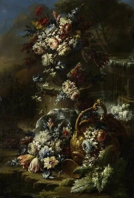 Flowers in a landscape with overturned urn, by Gasparo Lopez