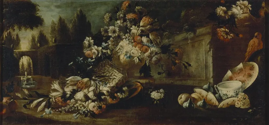 Still Life with Flowers and Parrot, by Gasparo Lopez