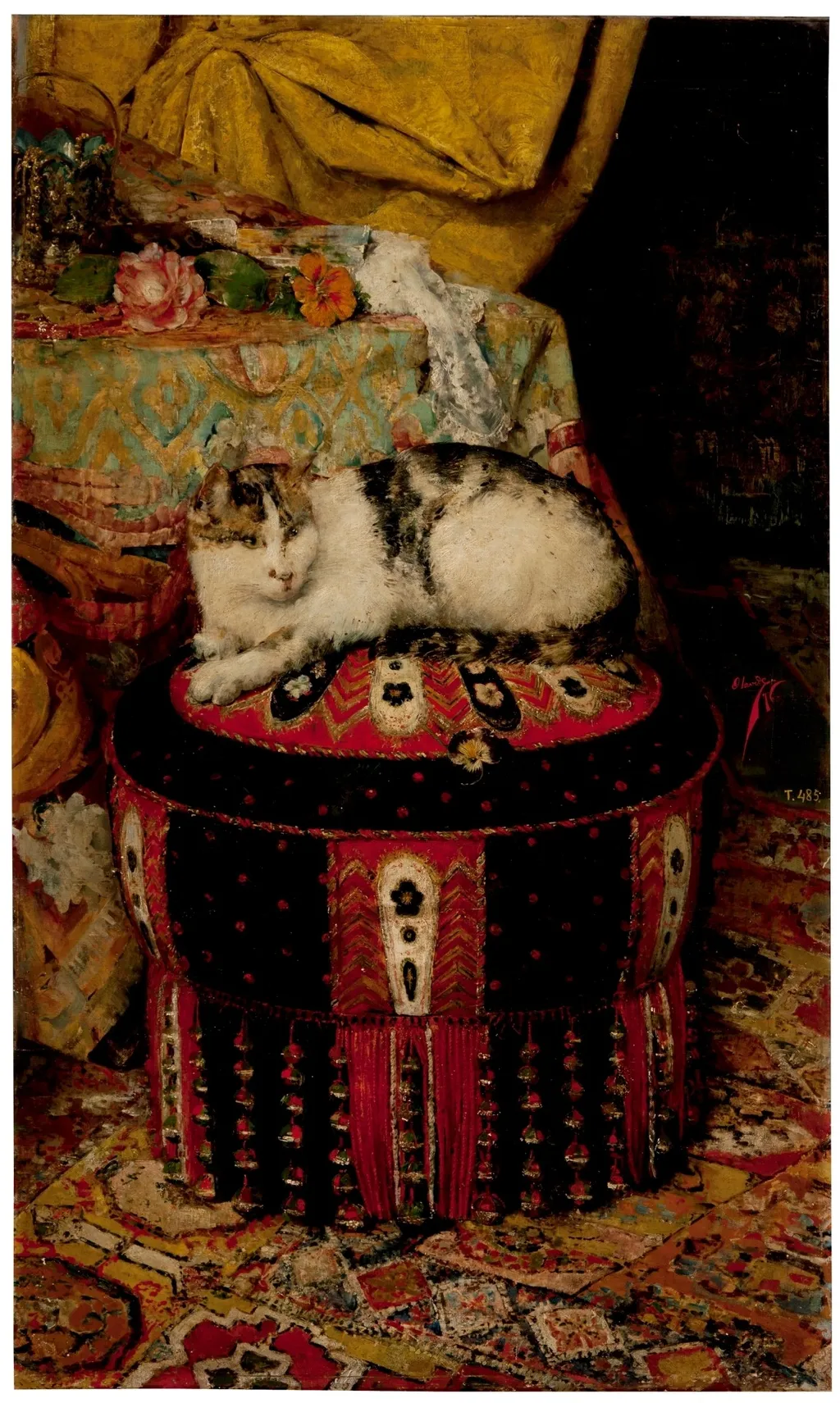 Un gato echado sobre un almohadón, by Genaro Rodríguez Olavide, oil