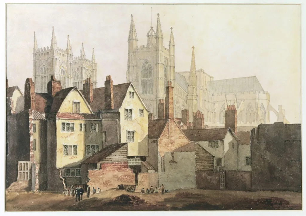 St. Margaret's, Westminster, and the abbey with old buildings in the foreground, by Gendall, watercolor, 1810