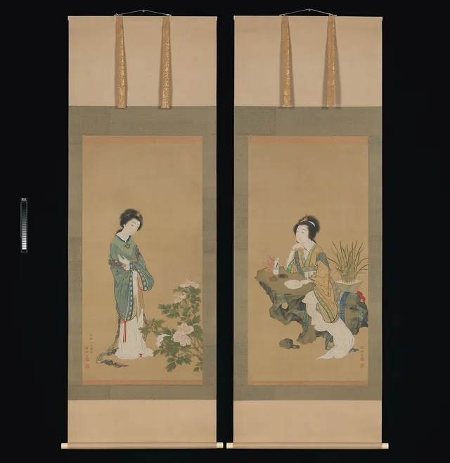 源琦筆　燕姞・楊貴妃図|Yanji with Orchids and Yang Guifei with Peonies — Genki