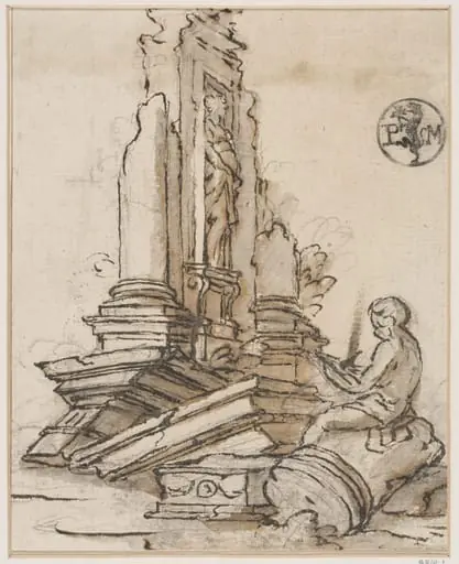 A boy writing or drawing, seated on a fallen column before a ruined niche containing a sculptured figure of a woman, by Gennaro Landi