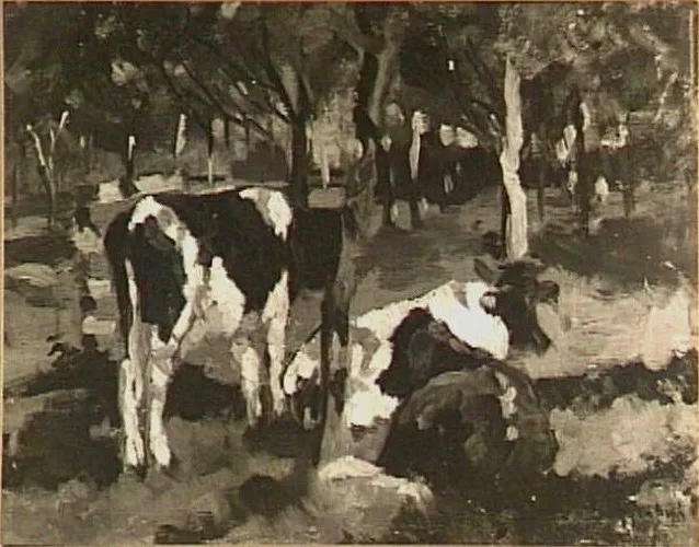 Calves in an Orchard, by Geo Poggenbeek, oil, 1893