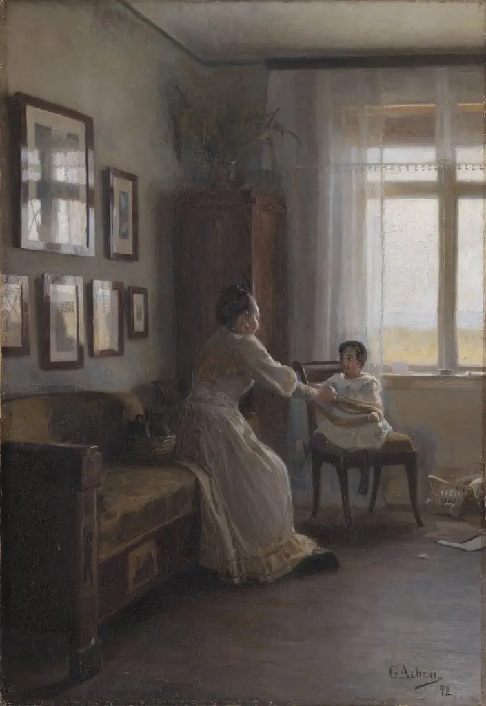 Interior with the Artist's Wife and Child, by Georg Achen
