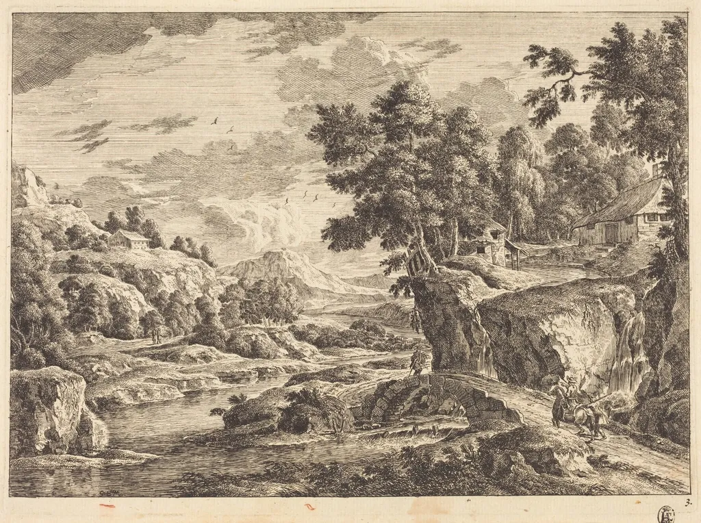 Landscape with a Bridge and Three Farm Buildings, by Georg Eisenmann, ink, 1772