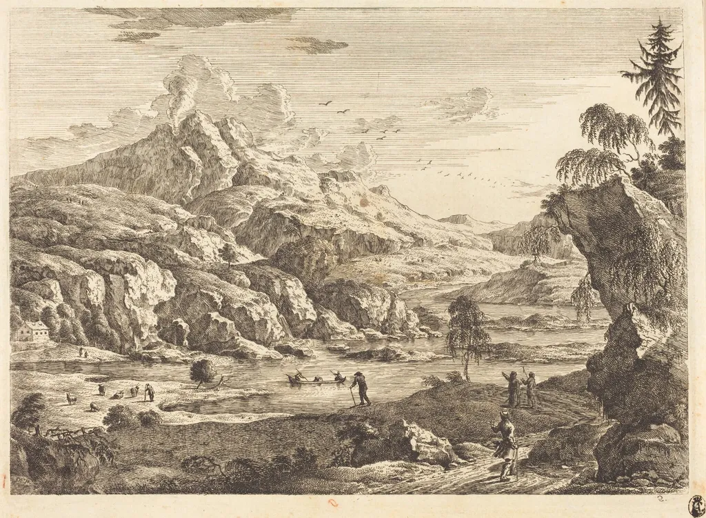 Mountainous Riverscape with Figures, by Georg Eisenmann, ink, 1772
